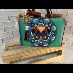 Mexican Artisan Hand tool and painted Handbag Green and Blue Butterfly